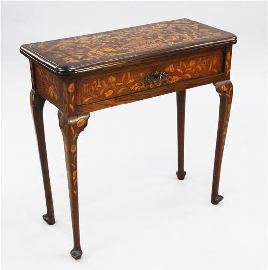 An 18th century Dutch oak and marquetry inlaid folding card table, W.2ft 6in.